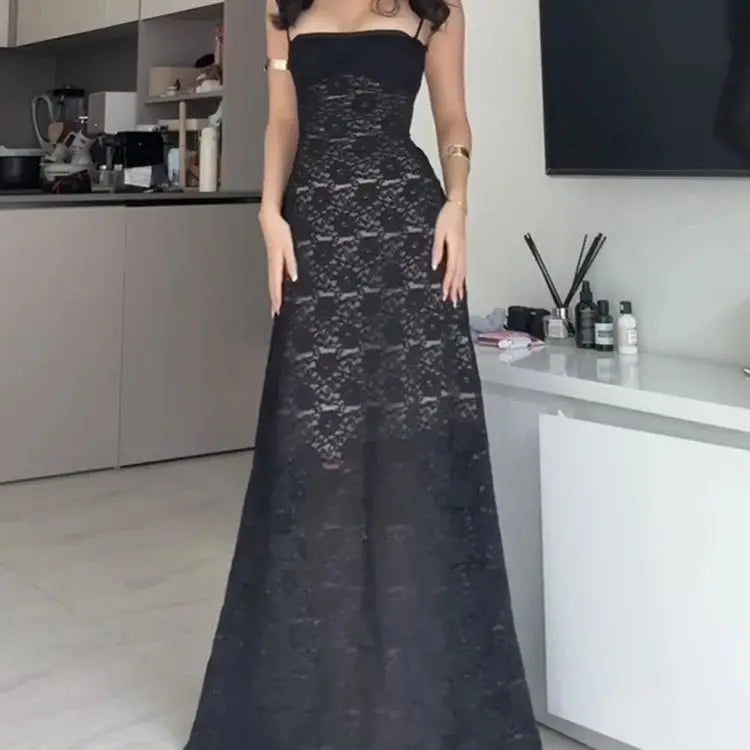 BXOXO Elegant See Through Dress Women Backless Sleeveless Cross Lace-Up Spaghetti Strap Sexy Flower Motif Midnight Vestidos