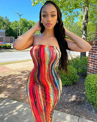 BXOXO Spring/Summer Women's Colorful Tie Dye Print Off Shoulder Wrapped Chest Dress