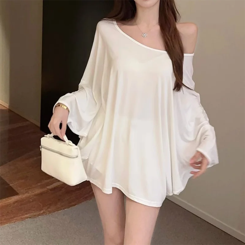 Bxoxo Solid Oversized T-shirt for Women's Casual Loose Top Fashion Bat Sleeves Simple Sexy Off Shoulder Korean Baggy T shirts Autumn