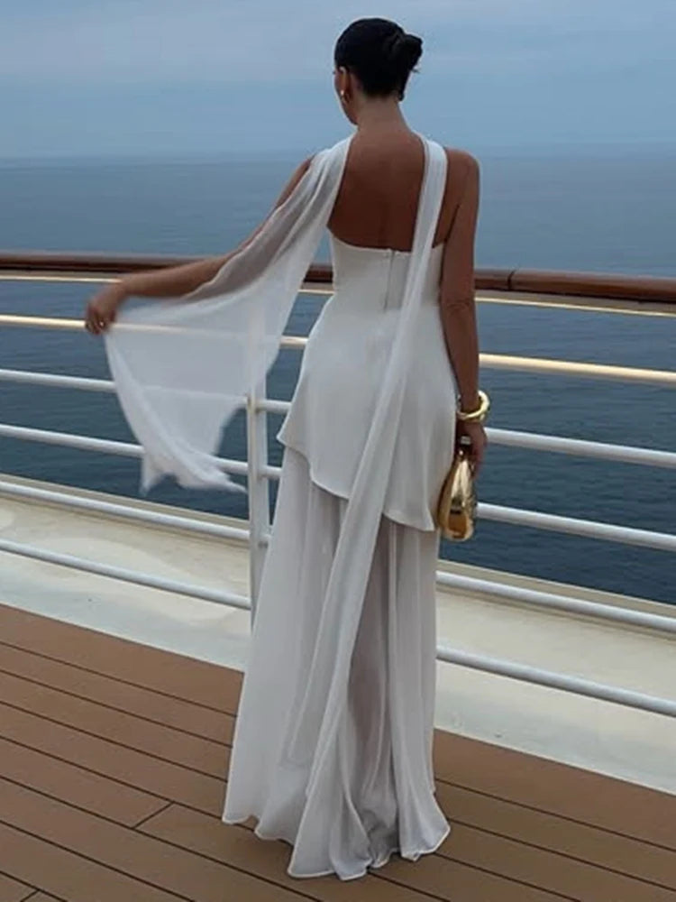 BXOXO  Elegant Strapless Sexy Maxi Dress For Women Gown With Scarf Off-shoulder Sleeveless Backless Split Beach Long Dress