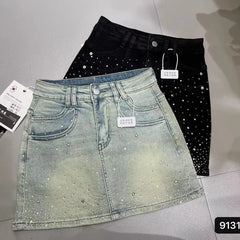 Bxoxo Starry Hot Rhinestone Denim Skirt for Women 2024 Summer New Retro Slimming a-Line Sheath Denim Skirt