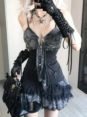 BXOXO 2025 Summer Fashion V-neck Camisole Dresses Sexy Lace Patchwork Dress for Women Y2k Grunge Slim Waist Ruched Vestidos Mujer