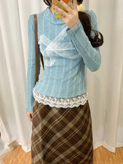 BXOXO Korean Style Y2k Knitted Pullover Women Bow Lace Long Sleeve Sweaters Harajuku Vintage Patchwork Knitwear Pullovers