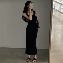 BXOXO Basic Knit Long Dress Korean Fashion Square Collar Sleeveless Women's Dresses Summer Casual Y2k Vintage All-match Outftis