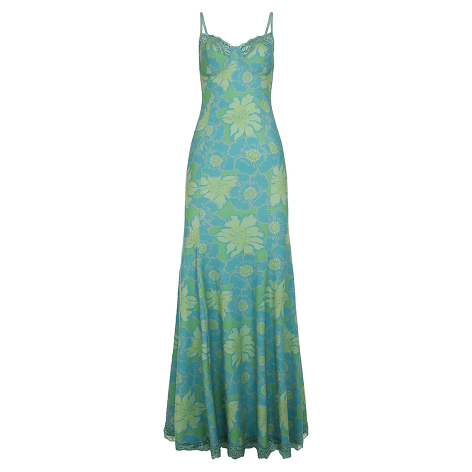 BXOXO Women Floral Spaghetti Strap Dress Slim Sweetheart Neck Sleeveless Long Bodycon Fishtail Dress for Party Club