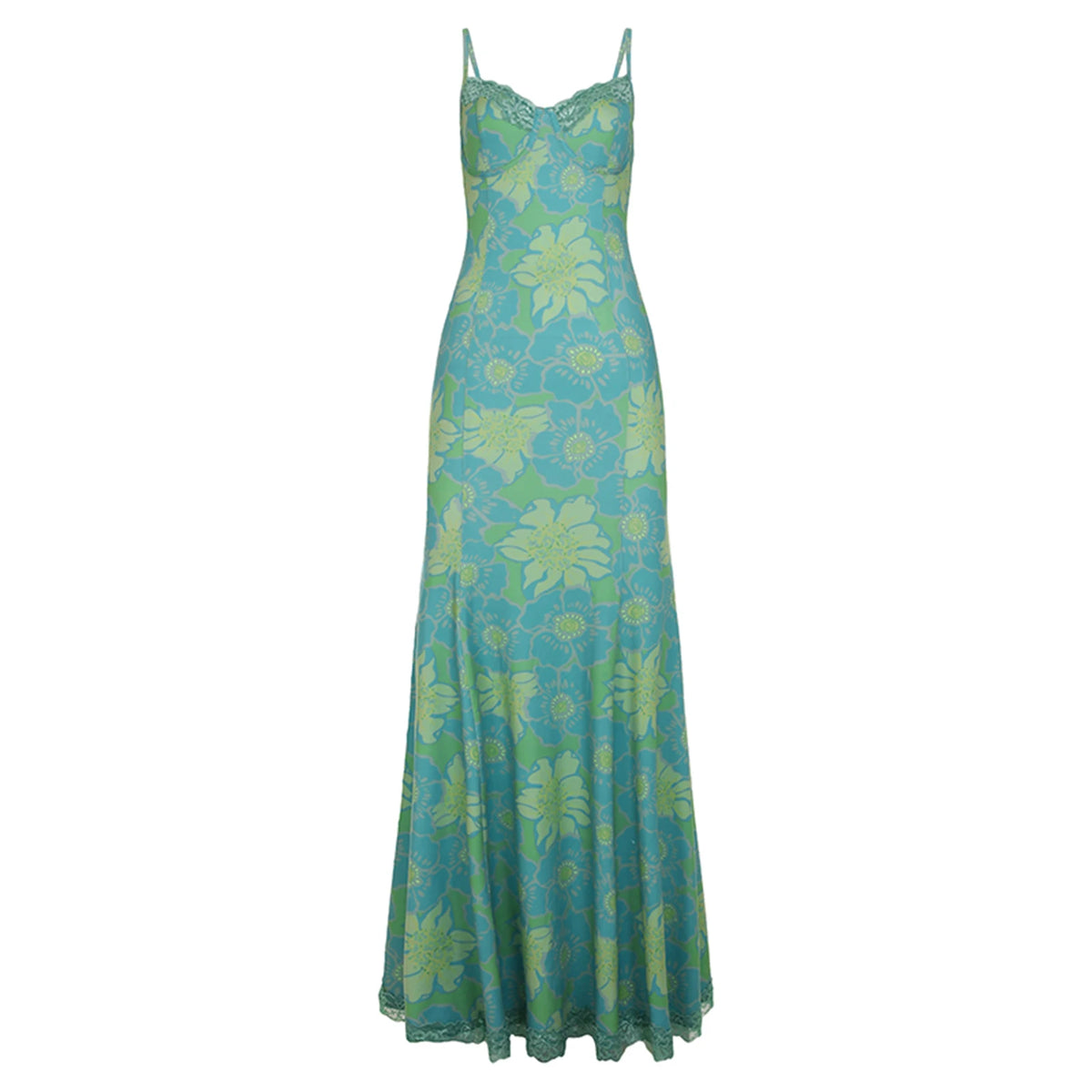 BXOXO Women Floral Spaghetti Strap Dress Slim Sweetheart Neck Sleeveless Long Bodycon Fishtail Dress for Party Club