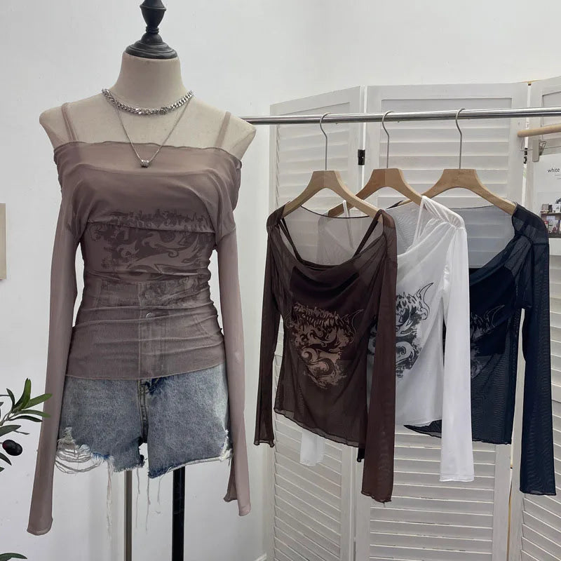 Bxoxo Sexy Slash Neck Mesh Sunscreen T Shirt Y2K Streetwear Print Long Sleeve Patchwork Camis Suit Fashion Folds Slim All Match Tees
