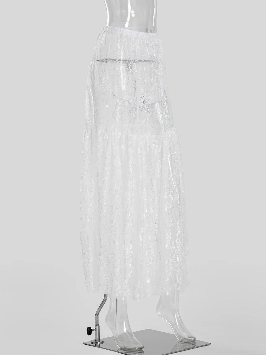 Bxoxo New Jacquard Lace Sheer Long Skirt Women Elastic Waist White Sexy Transparent Maxi Skirts Female Streetwear Fashion Faldas Jupe
