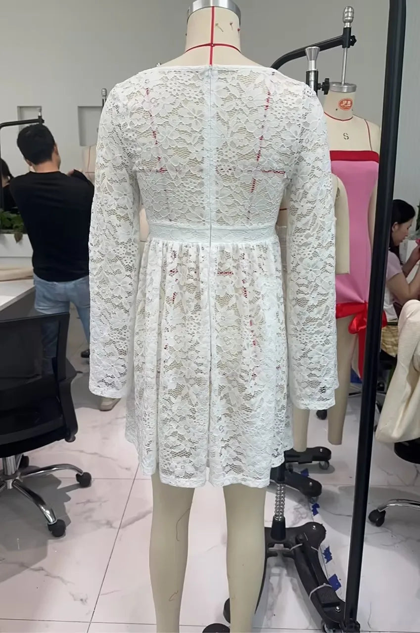 BXOXO Fashion Women Spring Summer Mini Dress White Long Sleeve Square Neck Lace See Through Floral Party Cocktail Dress