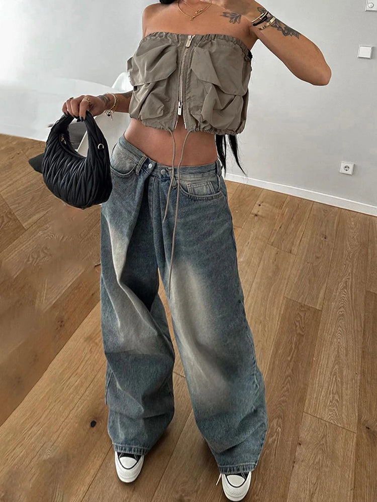 BXOXO Streetwear Baggy Jeans Women Fashion Low Waist Jean Pants Y2K Vintage Casual Oversize Straight Washed Denim Trousers