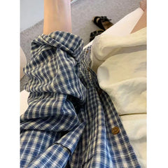 Bxoxo Vintage Blue Plaid Shirts for Women Casual Loose Long Sleeve Checkered Blouses Bf Summer Streetwear Lapel Shirt New
