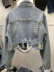 BXOXO Womens Denim Jacket 2024 Spring Summer New In Heavy Industry Rivet Studded Jean Jacket Women Worn Nail Bead Jean Jacket Top