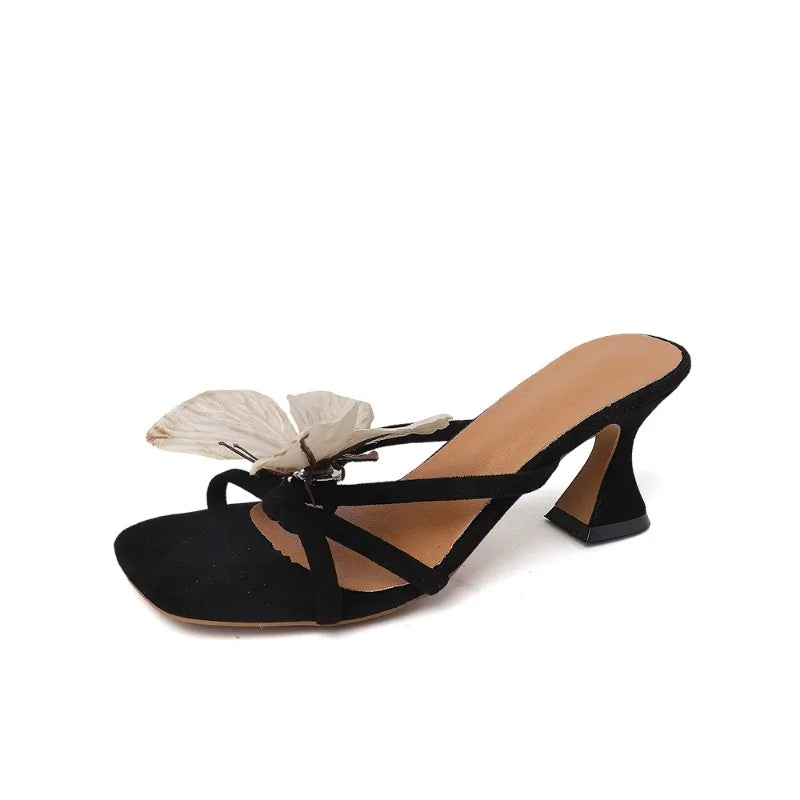 BXOXO Designer Summers Open Toe Butterfly-knot Women Slippers Fashion Slip On Ladies Elegant Thick Heel Dress Slides