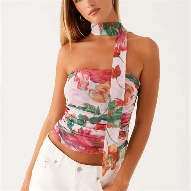 BXOXO Women Y2K Tube Top Mesh Ruched Strapless Crop Top Sexy Floral Print Backless Bandeau Tank Top with Scarf Summer Street