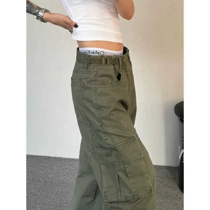 Bxoxo Y2k Green Vintage Cargo Pants Women Harajuku Multiple Pockets Korean Fashion Denim Pants Baggy Hip Hop Trousers Spring