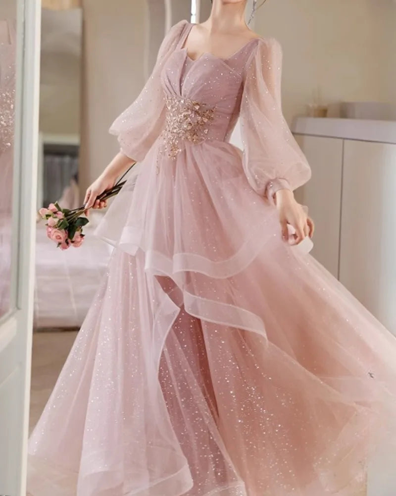 BXOXO CustomizedShiny Pink Tulle Evening Dresses Elegant Banquet Party Long Sleeve Dresses Engagement Luxury Square Collar Appliques B