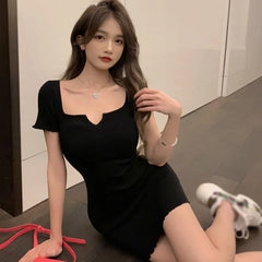 BXOXO Women Summer  Mini Dress  Sexy Hot Girls T ShirtSlim Hip Slim Short Rose Red V-neck Hot Sexy Korean Women Tops