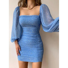 BXOXO Women Fashion Dresses French Square Neck Puff Sleeve Pleated Tight Chiffon Print Mini Dress