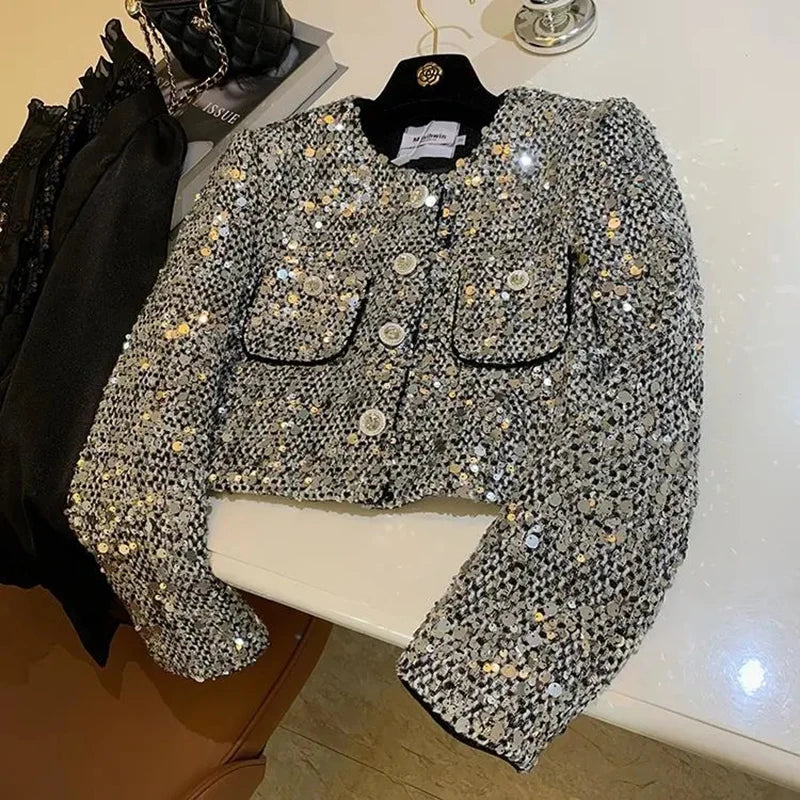Bxoxo Elegant Sequins Tweed Women Jackets Spring New Long Sleeve Casual Female Coat Y2K Korean Chic All Match Dance Party Lady Outwear
