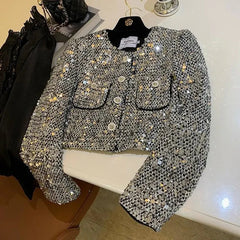 Bxoxo Elegant Sequins Tweed Women Jackets Spring New Long Sleeve Casual Female Coat Y2K Korean Chic All Match Dance Party Lady Outwear