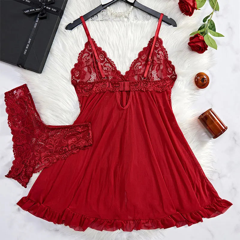 BXOXO Y2K Summer new lace up Halter backless dress European and American sexy hollow pleated Hip Wrap SkirtThin Style G-string Contrast Lace Ruffle Trim Lingerie Set Deep V Slip Dress Thong Women's Sexy Lingerie Lencería Muj