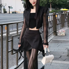 BXOXO Korean Simple High Waist Hollow Out Black Pants+ Y2k E-Girl Slim Fit Mesh Long Sleeve Tops Women Grunge Two Piece Sets