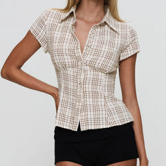 BXOXO Women's Y2K Short Sleeve Plaid Button Down Shirt Button Down Blouses Tops Casual Summer Shirt Tops 90s Streetwear