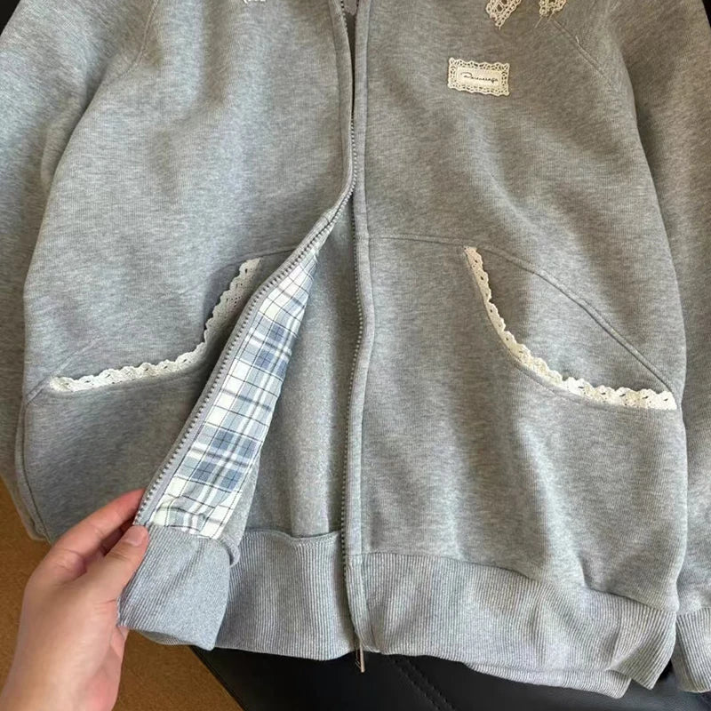 Bxoxo Harajuku Plaid Lace Sweatshirts Women Y2K Autumn Sweet Bow Long Sleeve Zipper Hoodies Oversized Loose Preppy All-Match Jacket