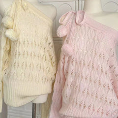 Bxoxo Sweet Sexy Hollow Out Knitted Pullover Women Off Shoulder Japanese Style Elegant Sweater Kawaii Lolita Lace Up Jumpers