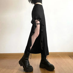 Bxoxo Gothic Black High Waist Bodycon Mid Skirt E-Girl Punk Ruffles Split A-Line Skirts Y2K Fashion Women Streetwear Bottoms