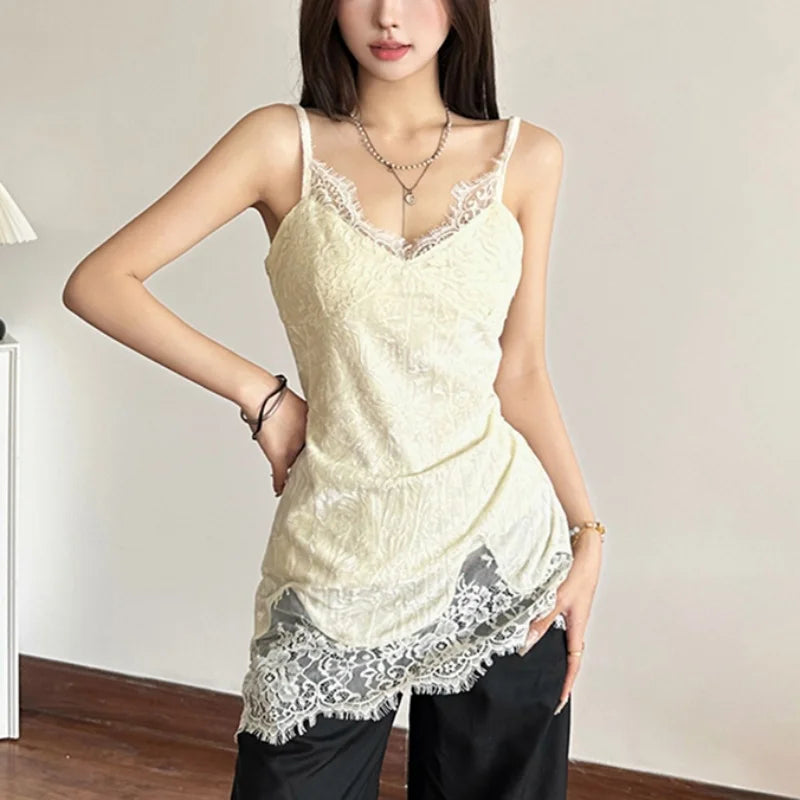 Bxoxo Lace Patchwork V-Neck Camis Women Y2K Summer Sexy Spaghetti Straps Sleeveless Tank Korean Fashion Irregular Female Vest
