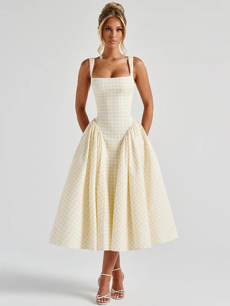 BXOXO Plaid Printed Maxi Dress For Women Gown Summer New Spaghetti Strap High Waist A-line Backless Club Long Dress Vestido