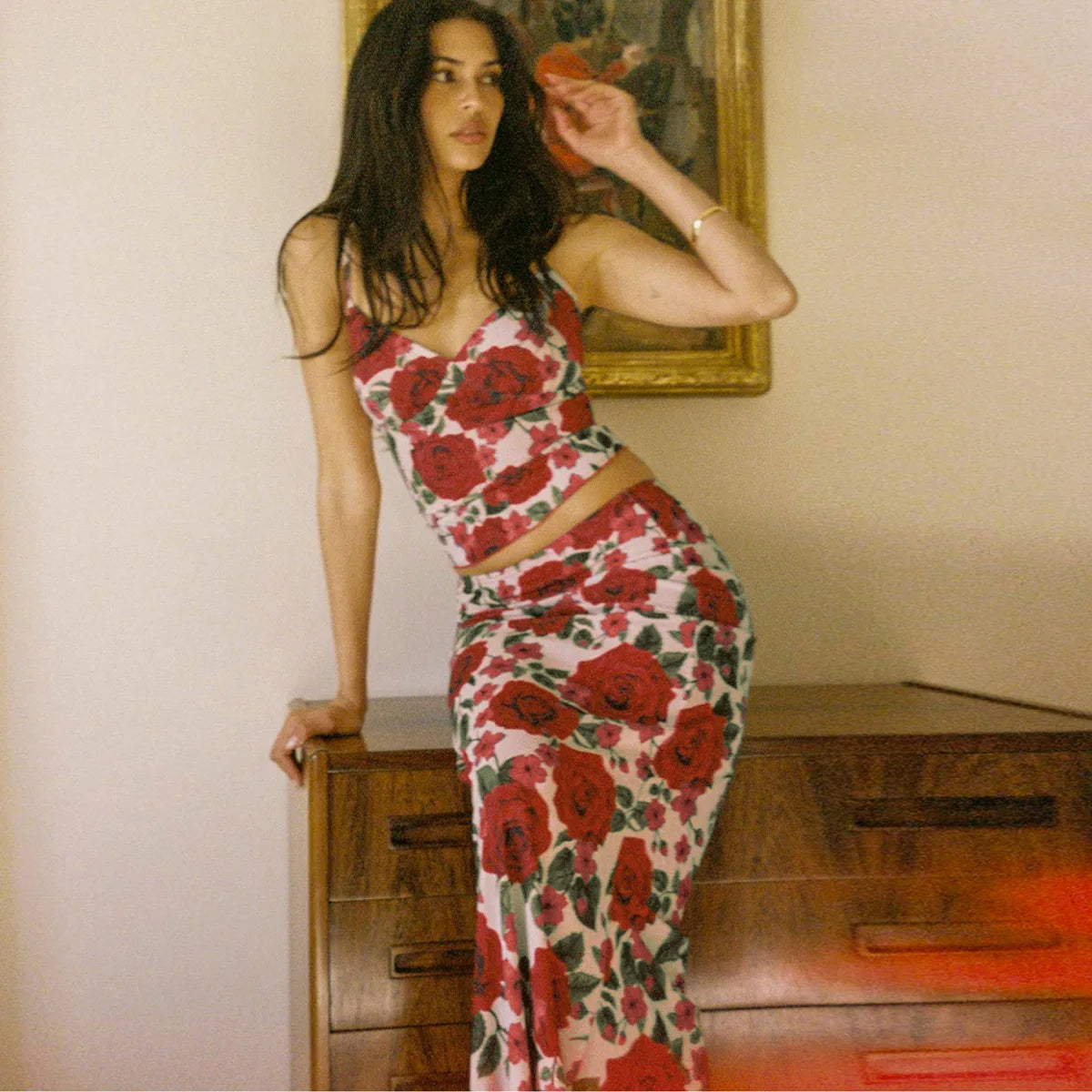 BXOXO Floral Print Sexy Skirt Two Piece Sets Women Fashion Sleeveless Crop Tops And Long Skirt Femme Printed Two Piece Sets
