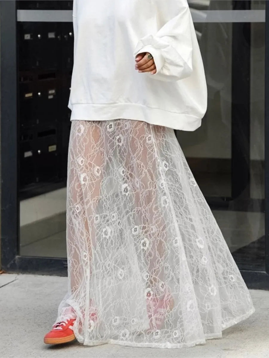Bxoxo New Jacquard Lace Sheer Long Skirt Women Elastic Waist White Sexy Transparent Maxi Skirts Female Streetwear Fashion Faldas Jupe