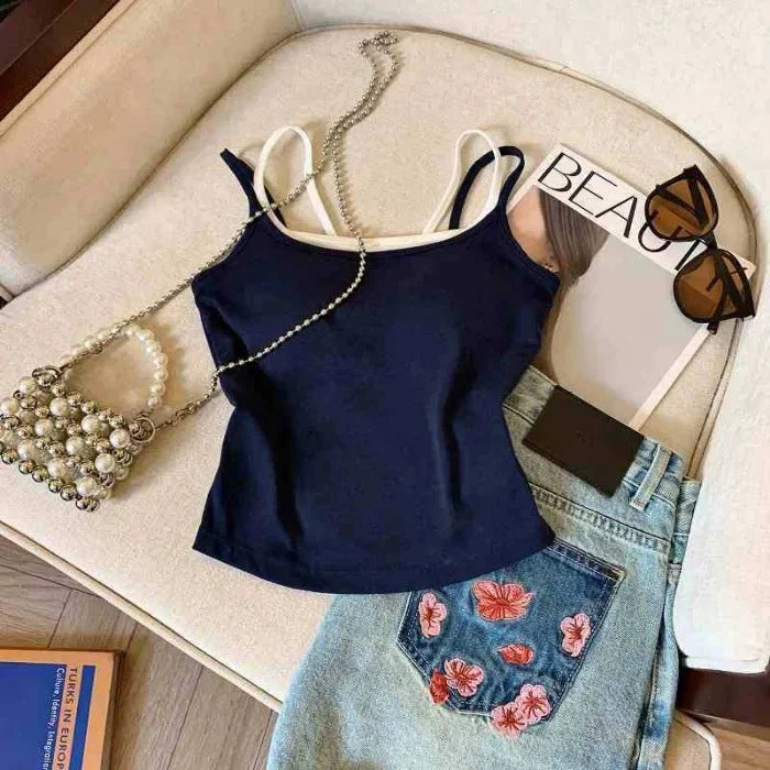 Bxoxo Fashion Patchwork Fake 2 Piece Women Camis Summer Fashion Spaghetti Straps with Chest Pad Vest Korean Chic Base Tank Female