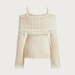 BXOXO Coquette Off Shoulder Sweaters Women Sweet Kawaii Lace Knitted Long Sleeve Pullovers Solid Cute Sweaters Aesthetics