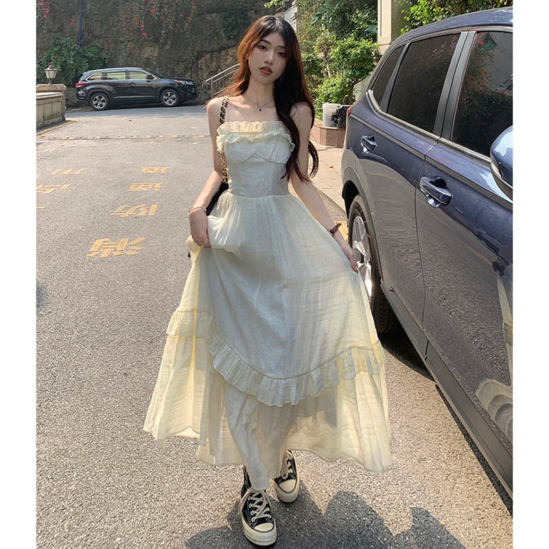 Bxoxo Vintage Ruffle Dress Women Korean Solid Sweet Elegant Preppy Midi Dress Summer Casual Sleeveless Spaghetti Straps A Line Dress
