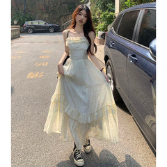 Bxoxo Vintage Ruffle Dress Women Korean Solid Sweet Elegant Preppy Midi Dress Summer Casual Sleeveless Spaghetti Straps A Line Dress