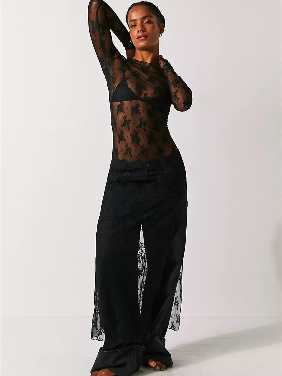 BXOXO Womens Y2K Sheer Lace Maxi Dress Long Sleeve See Through Mesh Floral Lace Split Bodycon Dress Beach Coverups Party Dress