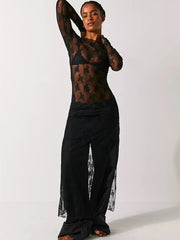 BXOXO Womens Y2K Sheer Lace Maxi Dress Long Sleeve See Through Mesh Floral Lace Split Bodycon Dress Beach Coverups Party Dress