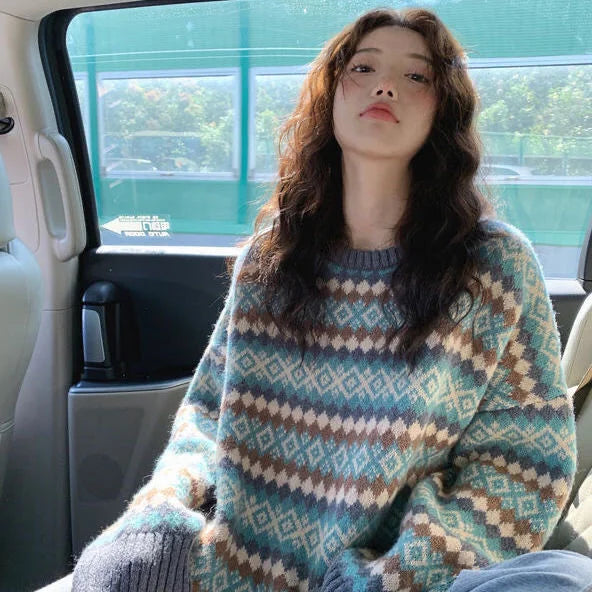 Bxoxo Winter Knitwear Pullover Sweaters For Women Top Blue Vintage Long Loose Autres Sweats Warm Korea Fashion Kawaii Jersey Jumper