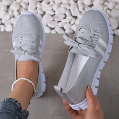 BXOXO Mesh Knitted Striped Flats Shoes for Women Summer Lace Up Casual Sneakers Woman Breathable Soft Sole Loafers Plus Size 43
