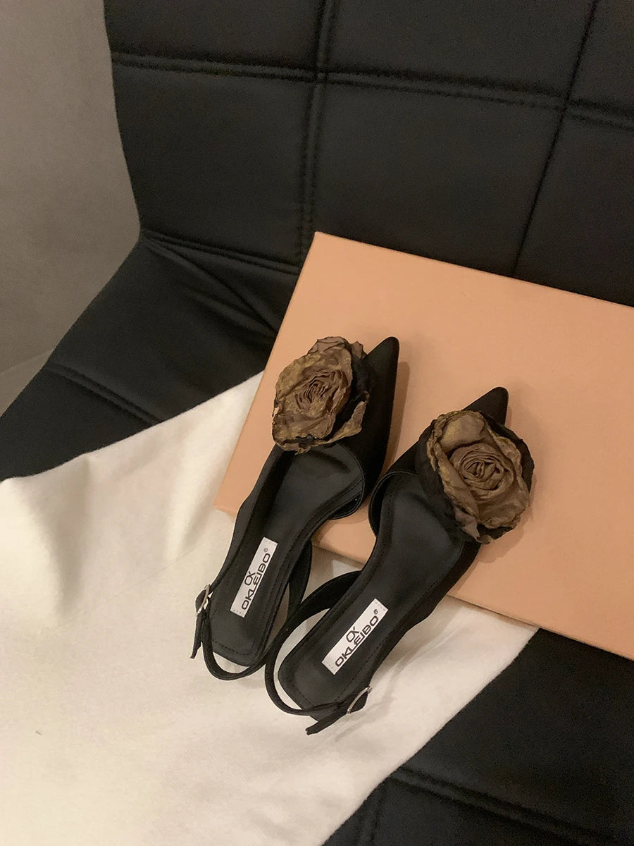 BXOXO New Flower Designer Sandals Women Elegant Satin Mule Shoes Summer Pointed Toe Pumps Low Heel Flowers Slingback Sandals Female