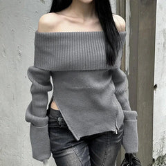 BXOXO Korean Fashion Off Shoulder Knitted Jumpers For Women Zipper Split Slim Long Sleeve Gray Solid Simple Street Sweaters