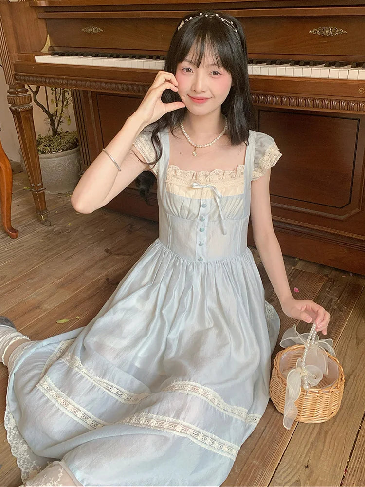 BXOXO Elegant Blue Long Dress Women Sweet Lace Patchwork Vintage Dress High Quality Casual Flying Sleeve Bow Lady Retro Vestidos