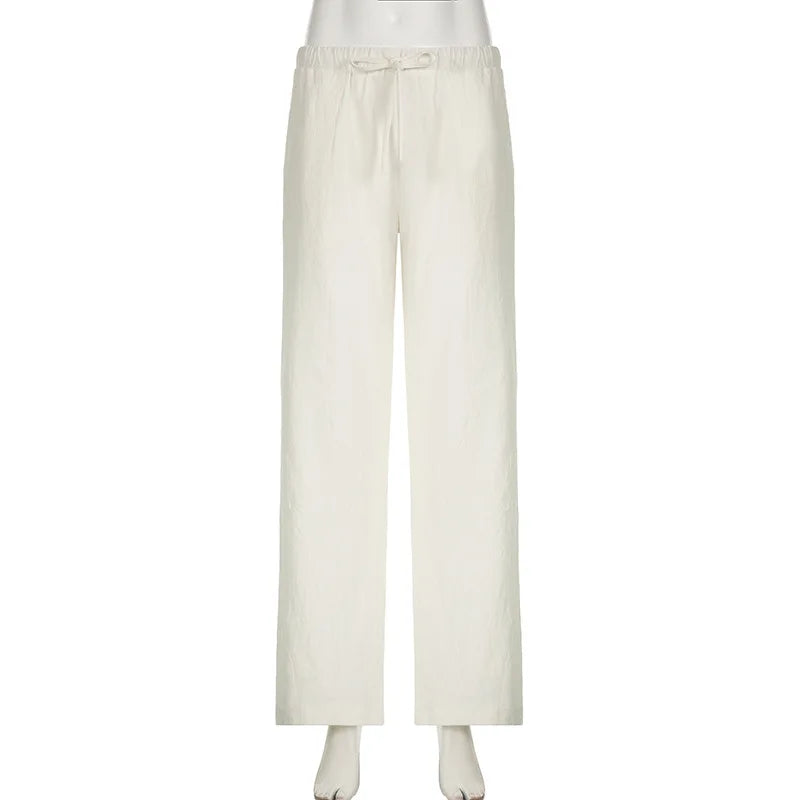 Bxoxo Cotton Linen White Pants Basic Drawstring Low Waist Wide Leg Pants Casual Y2K Clothes For Summer Trousers