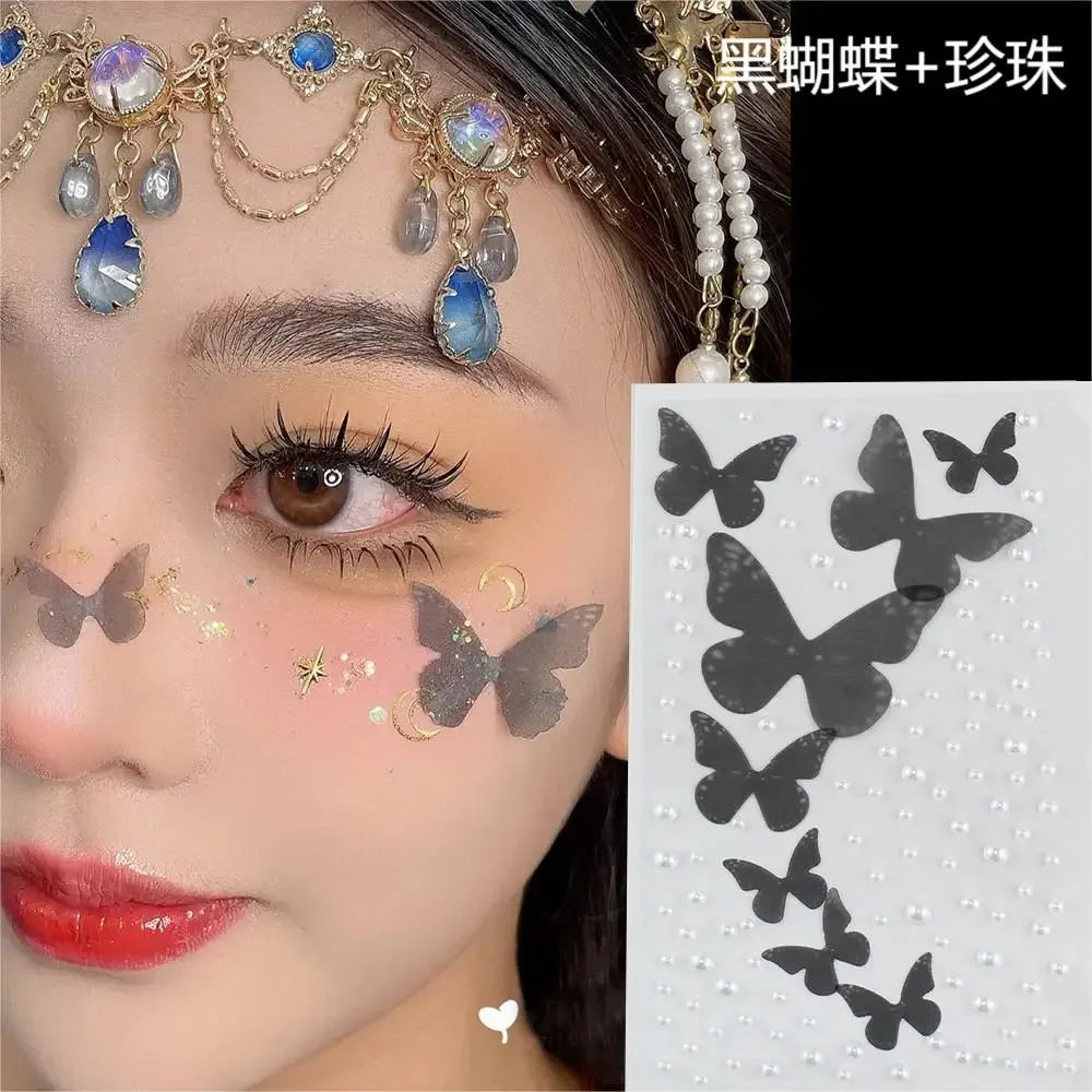 BXOXO Fashon Butterfly Face Stickers Pearl Temporary Tattoo Stickers Waterproof Glitter Eyeshadow Body for Festival Makeup