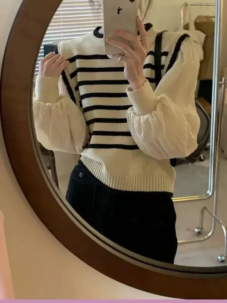 Bxoxo women Black and white striped fake two-piece knitted sweaters pring and autumn Korean soft glutinous pullover sweater female