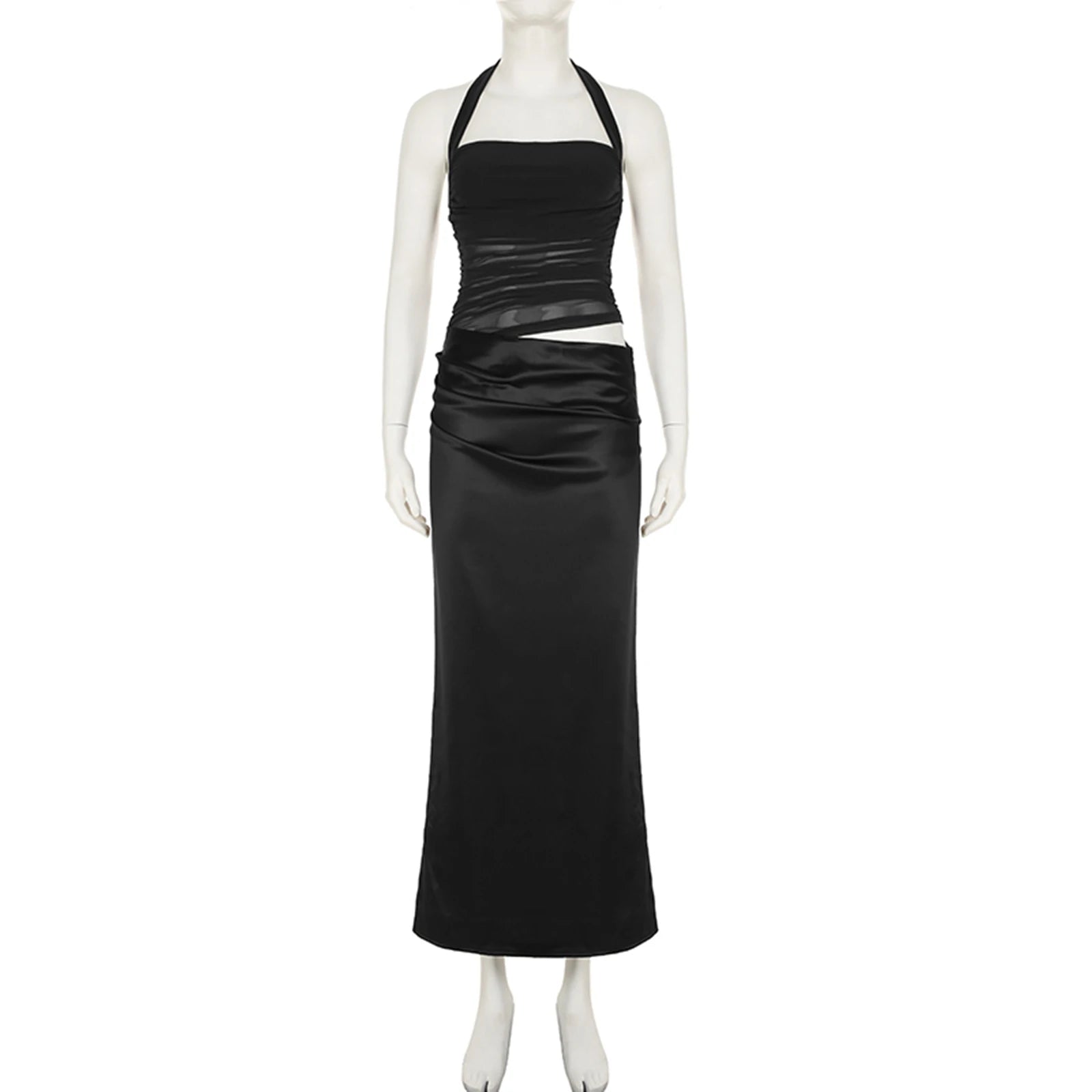 BXOXO Mesh Patchwork Backless Sexy Maxi Dress For Women Gown Fashion Halter Sleeveless Strapless Bodycon Club Long Dress
