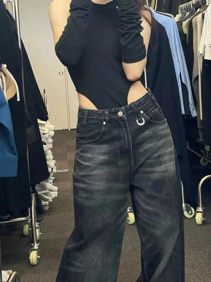 Bxoxo Black Vintage Washed Wide Leg Women's Jeans Y2k Overzised Korean Fashion Denim Pants Baggy Hip Hop Streetwear Gyaru